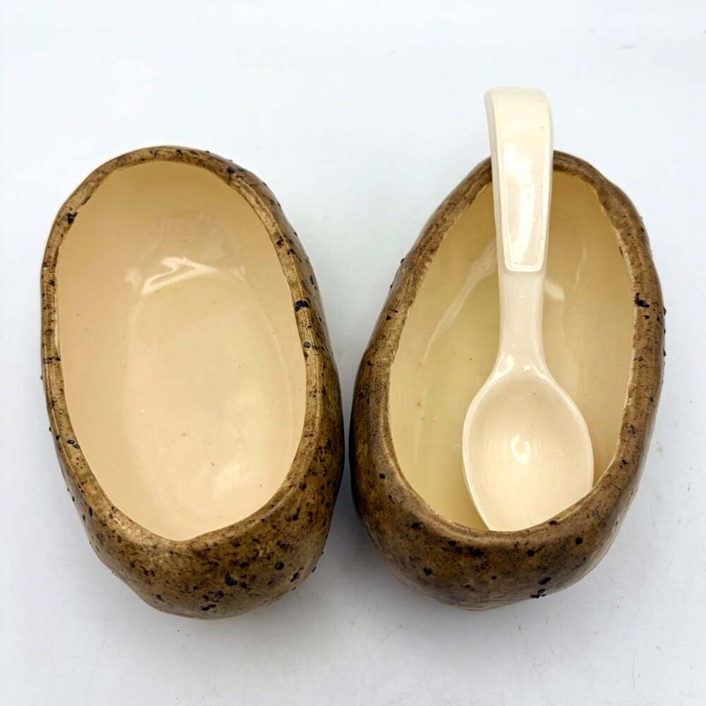 RYS 3pc Speckled Ceramic baked potato condiment Bowls Set w/ Spoon .